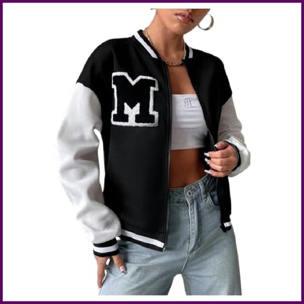 Polyester Bomber Jacket Varsity Style Zip Up Long… - image 2